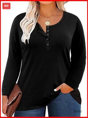 Plus Size Henley Neck Long Sleeve Tunic Tee Loose Fit Button Front
